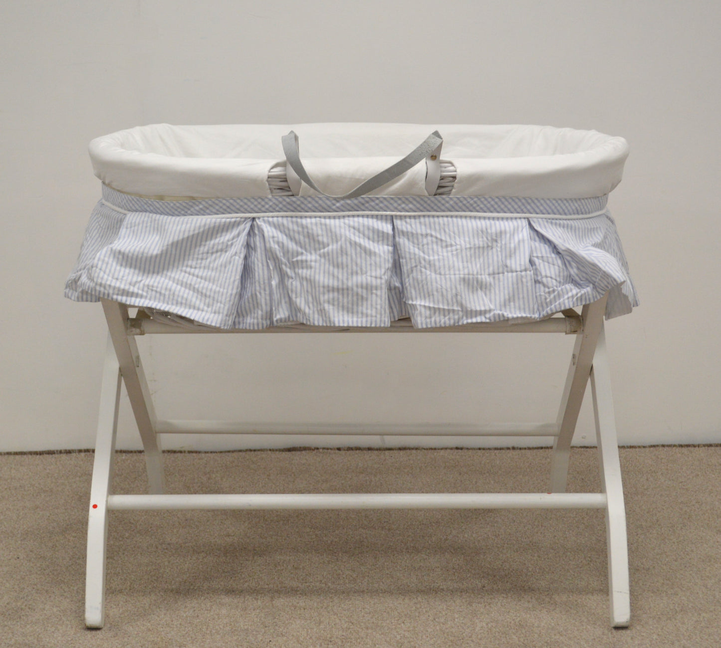 Moses Basket with Blue Trim and White Painted Wooden Frame