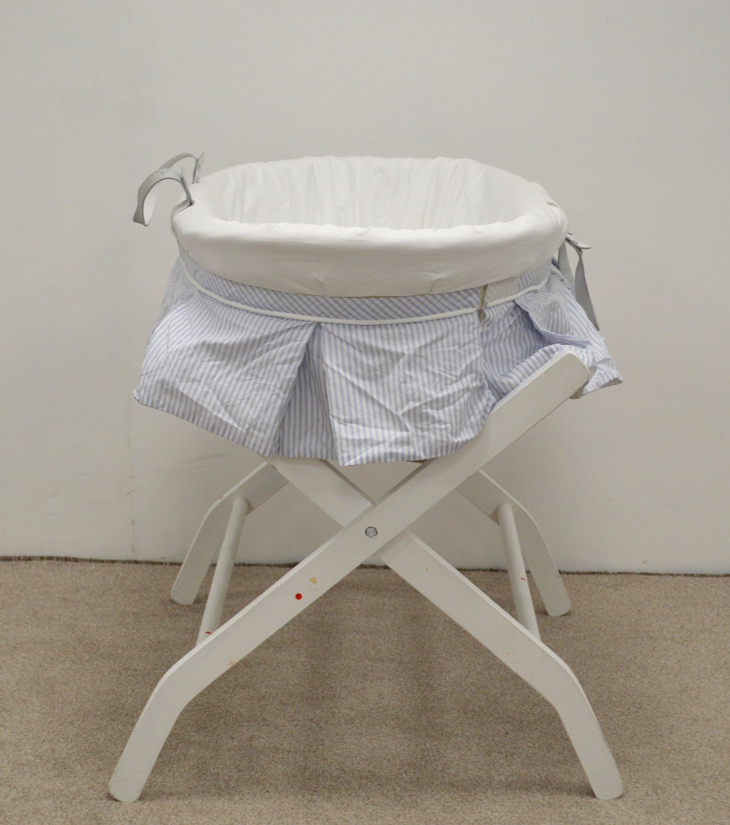 Moses Basket with Blue Trim and White Painted Wooden Frame