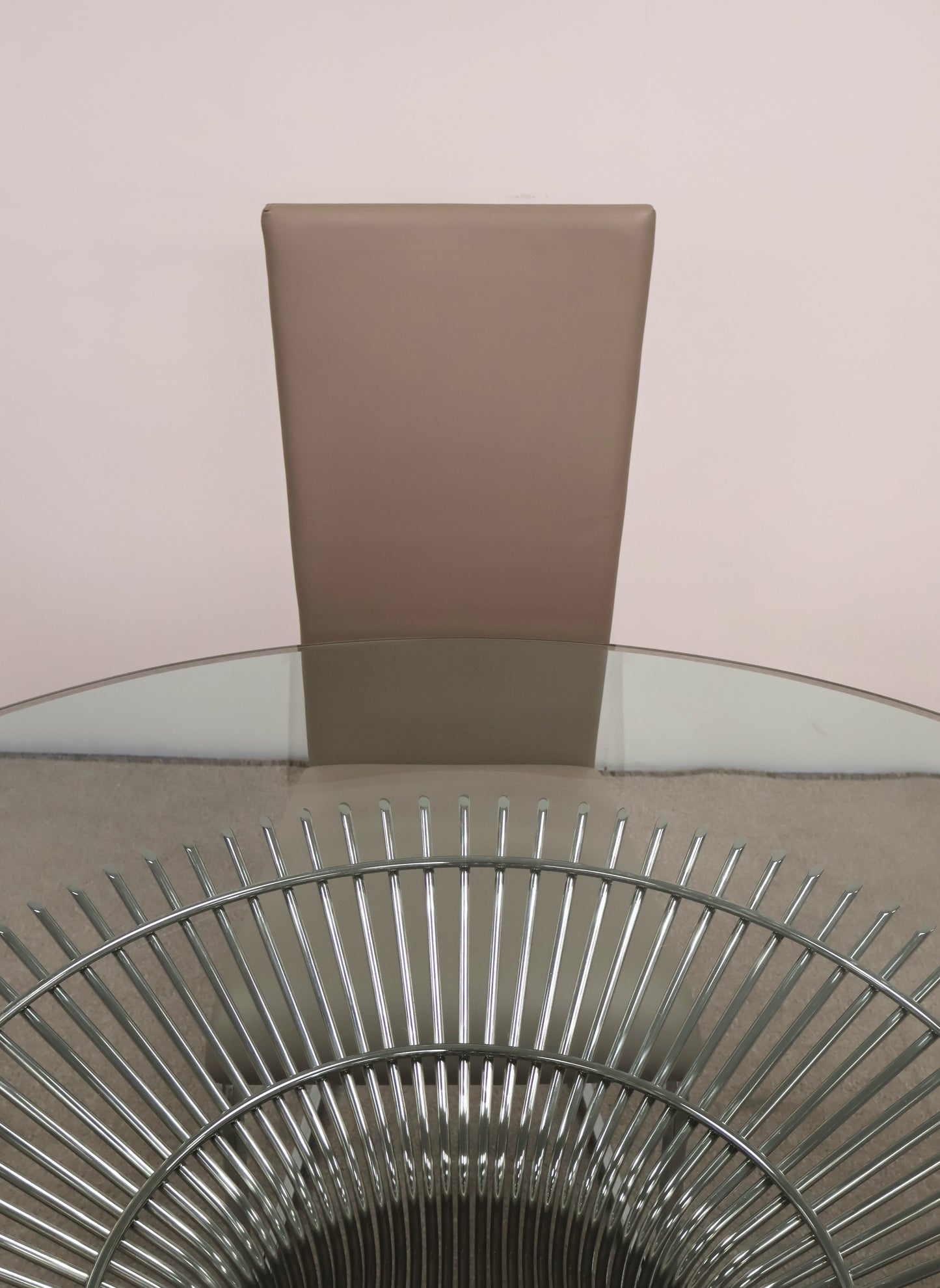 Circular Glass Table with Ornate Chrome base and Chairs