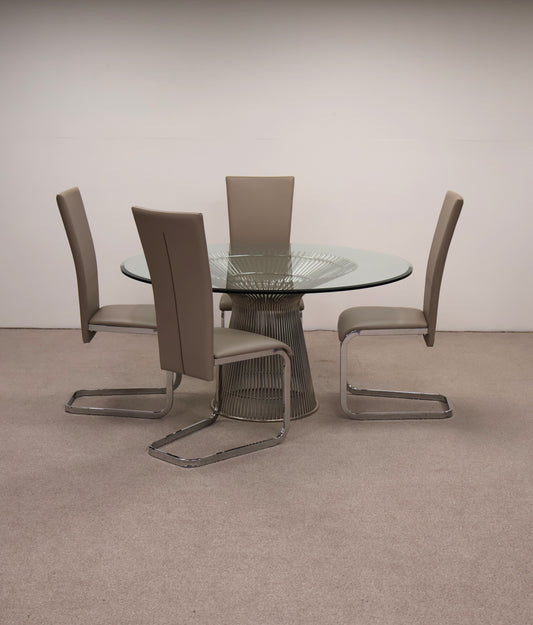 Circular Glass Table with Ornate Chrome base and Chairs